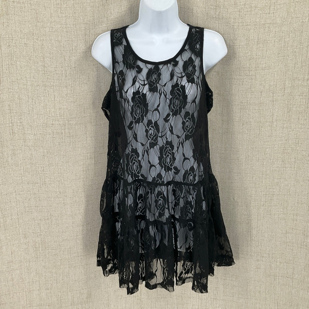 POL Top Womens S Black Floral Lace Tiered Ruffle Boho Sheer Whimsigoth Edgy